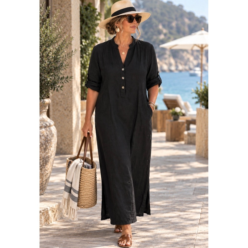 Francesca Bettini Linen Cotton Maxi Dress Cover Up Sz Large Coastal Quiet Luxury
